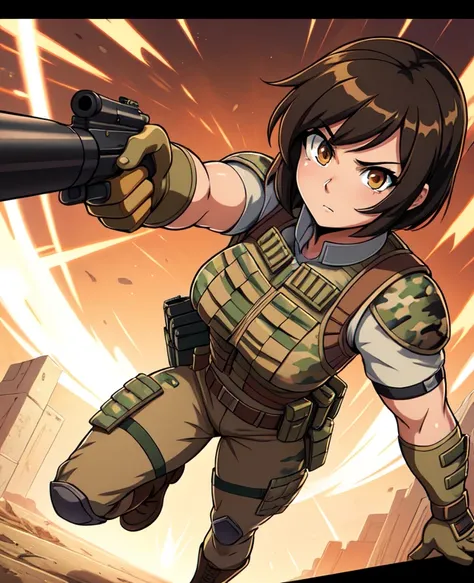 Full body, hq artwork, 27-year-old, Navajo Woman, tan skin, amber eyes, short and wavy black hair, athletic physique, military girl, soldier girl, (Wearing: Light tan camouflage, military uniform, military armor, light tan bulletproof vest, brown combat gl...