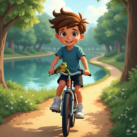 a photo of Flint Burton, a white boy with brown hair, brown eyes, blue shirt, black shorts, white sneakers, with the turtle on his bike, riding along a trail near a calm lake.