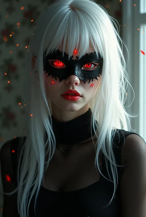  1girl,  white hair ,  red eyes , Face mask,  side lighting, light particles, wallpaper, arm yourself with ,  style