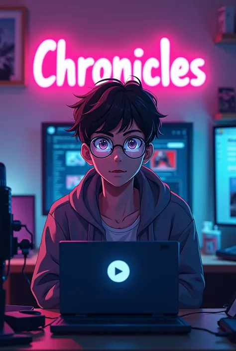  A 20-year-old boy in anime style ., wears glasses.  glowing face .,  sits alone in a modern ,  Colourful room .  He is on a desk with a microphone and a laptop..  dynamic RGB lighting highlights the scene ,  Creating a hacker environment . Behind him, lar...