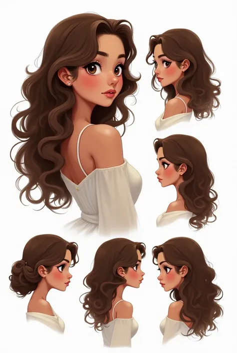 ((masterpiece)),((( Best Quality ))),( character design sheet,  same character , forehead, side, back),  illustration,  a girl, color de cabello castaño, white, blows, curly hair,  brown eyes, environment scene change ,  long hair , Pose Zitai, femenino,  ...