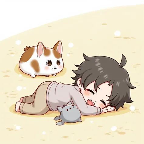  anime boy lying on the floor with a cat and a dog, Cute anime, anime chibi,  high quality fan art , Chibi Art, anime chibi, official fan art, cute art, Kagoraaii Chibi , classificado como o melhor on pixiv, cute art style,  Cute cartoon, cute cartoon, ago...