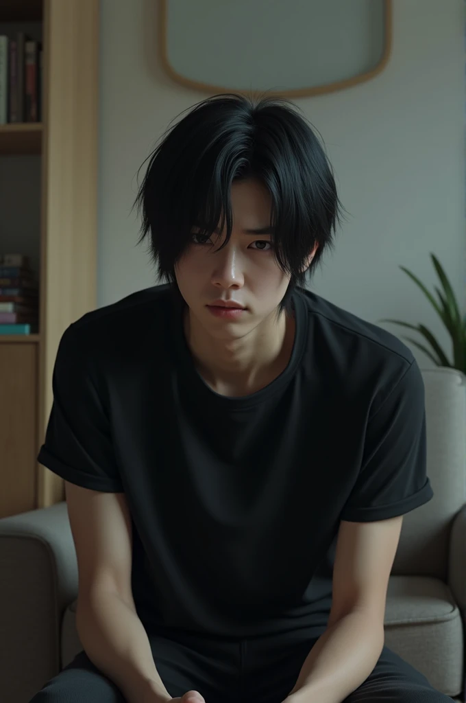 young man with shoulder length black hair, sitting in room, bored, with anxious expression, wearing black T-shirt, realistic style