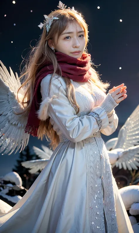 (     smiles、The Snow Queen、 Snowflakes 、When she casts a spell , A legendary ice bird appears around the sky、 Magic Rim 、staring at something、diamond dust flutters、クリーム色のhair、   Heavy snowfall area      、   Snow is falling   、    blue eyes、    blue eyes、E...