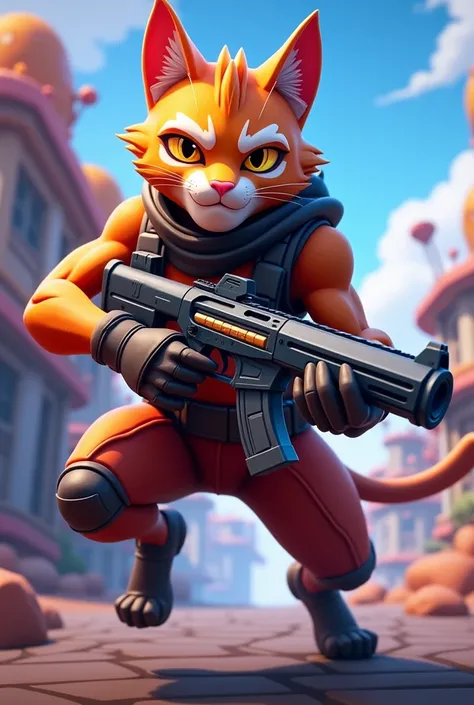 A Fortnite humanoid cat in the shape of a human man with a jump rifle