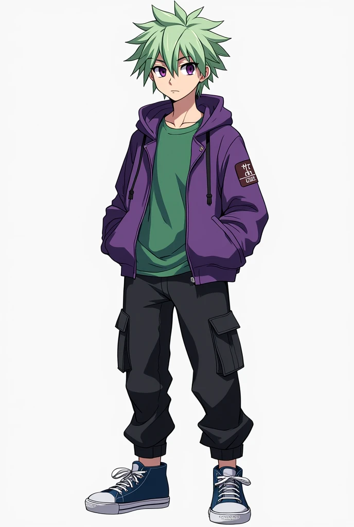 **-****-*** tall teenager 1  ,85, Defined muscular body ,   disheveled light green hair  , light skin,  dark purple eyes,   wearing a purple jacket with a green blouse underneath,   black cargo pants and dark blue sneakers  , boku no hero style