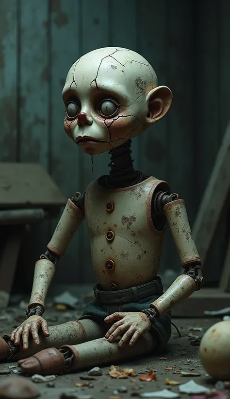 A worn-out puppet with broken body parts, belonging to a sad man, in a somber environment. Ultra-realistic, anime style.