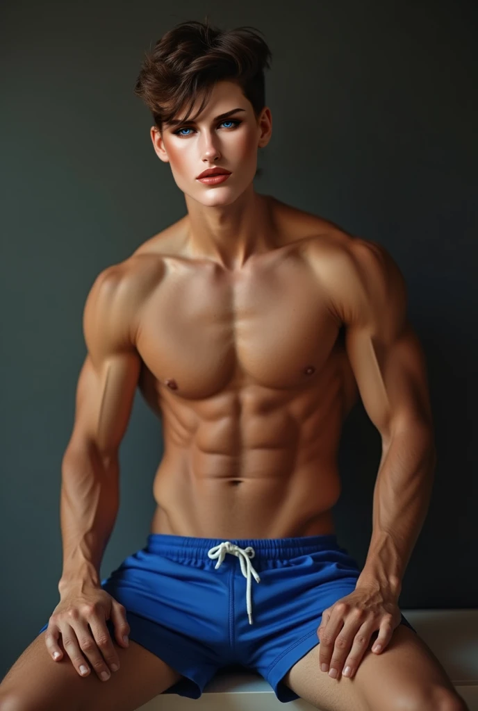 An 18 year old man, toned body, with defined abs, he would be shirtless sitting on the edge wearing short blue shorts and in those shorts there would be a large and voluminous bulge, he would be looking at the viewer.