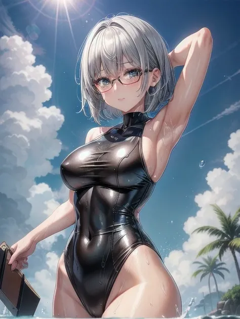  Highest quality 8K UHD、Glasses、 wet silver metallic swimsuit 、wet silver swimsuit 、 wet silver metallic swimsuit 、Glasses、 short hair、Glassesをかけた短髪の銀髪美女、Glassesをかけた大人で短髪の銀髪美女、Muscular、 I sweated、 Soaking、 angle from below , Oil,