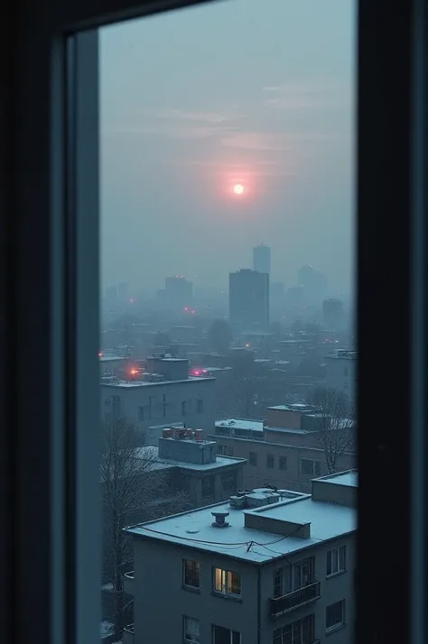  photorealistic cityscape . December, early morning,  on the street are dark dot the view from the 10th floor from the window to the urban residential area dot most windows are black The comma in rare windows turns on the colorful light ,  the neighboring ...