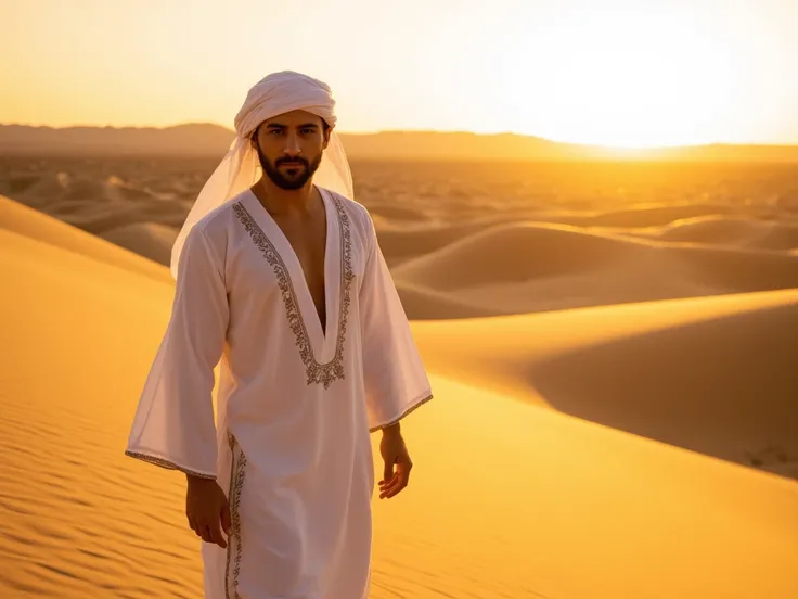 A cinematic portrayal, a wide shot of an elegant man standing in the desert, dressed in a flowing white robe with intricate embroidery and a headscarf gently blowing in the wind. He is surrounded by expansive sand dunes under a dramatic golden sunset, with...