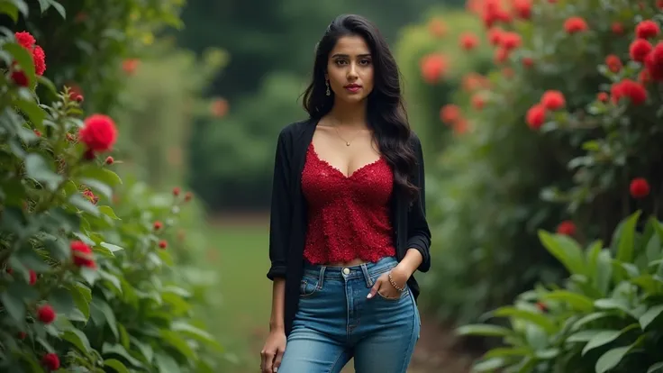 Photo of a garden, where a sexy indian girl in gorgeous shiney red-black tshirt-jeans standing sadly, realistic cinematic style, 4k ultra HD quality, High Resolution.