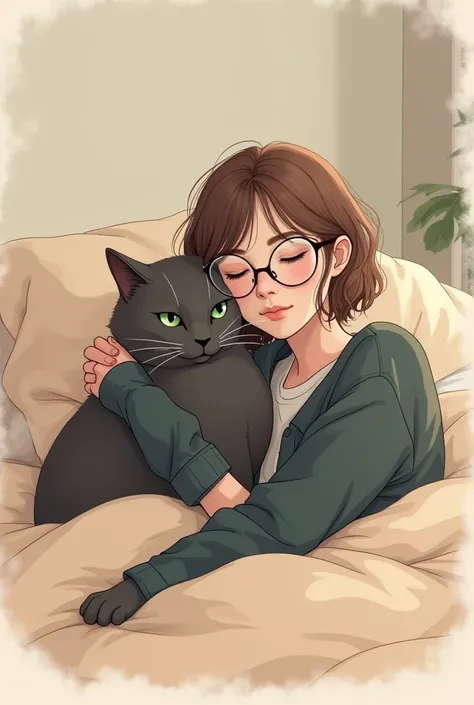  i want a minimalistic drawing of a cat, and i want their color as dark grey. i also want this cat to have green eyes, like an esmerald. and i want this cat to be in a cozy blanket over an aesthetic bed in a bedroom, i want the i want a drawing of a grey c...