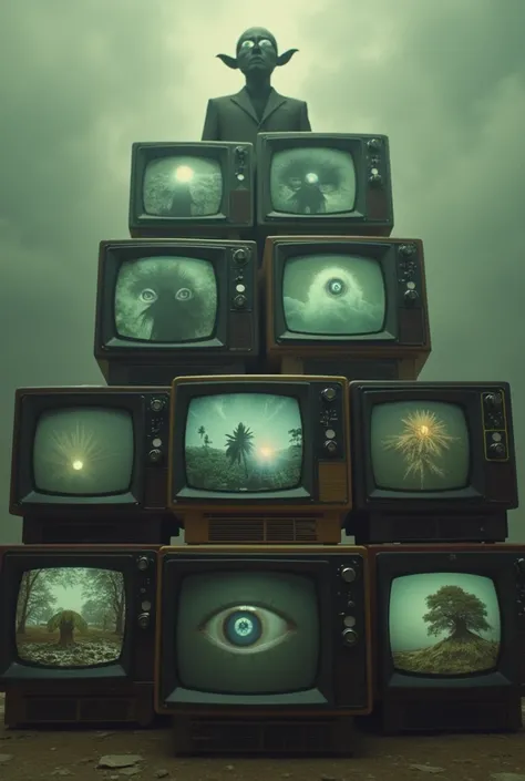   Realistic Image:   a pyramid of old televisions, Tuning one eye to each screen ,   Film filters   