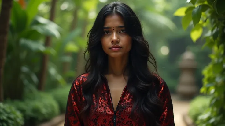 Photo of a garden, where a sexy indian girl in gorgeous shiney red-black tshirt standing very sadly, realistic cinematic style, 4k ultra HD quality, High Resolution.