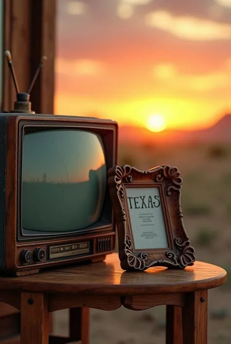 An ultra-realistic photo of an old TV on a table with an old Texas-style picture frame at sunset