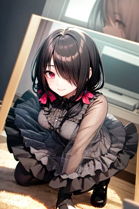 1girl, solo, kneeling, seiza, cckurumi, long hair, low twintails, hair flower, hair over one eye, hair bow, gothic, black dress, ribbon, pantyhose, slippers, sitting, smile, looking at viewer, leaning forward, indoors, living room, television, window, plan...