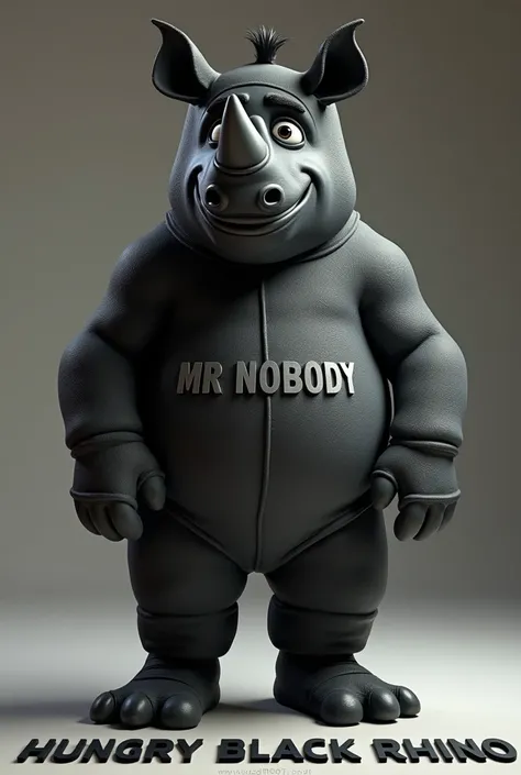 3D cartoon image of a man wearing a black rhino costume with the name HUNGRY BLACK RHINO written on the floor, (embossed) , On the front of his costume is written the name "MR NOBODY". Looking at the viewer, wide shot.