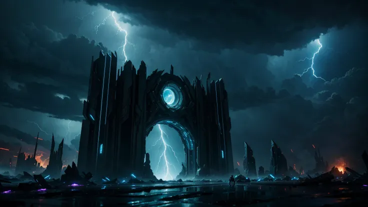 Ultra HD, 4K, HDR, 8K, "A chaotic, cinematic scene featuring a glowing, otherworldly portal surrounded by swirling energy and dark atmospheric effects. Emerging from the portal is a shadowy figure, partially illuminated by the radiant light of the portal, ...