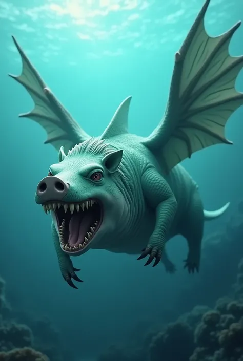 Pig shark with long fangs monster style color 
mint green with 3D wings in the sea