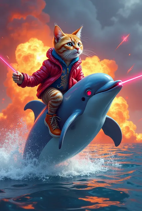 Its the 80s and theres a cat riding a dolphin that shoots lasers through the eyes while theres an explosion behind the 