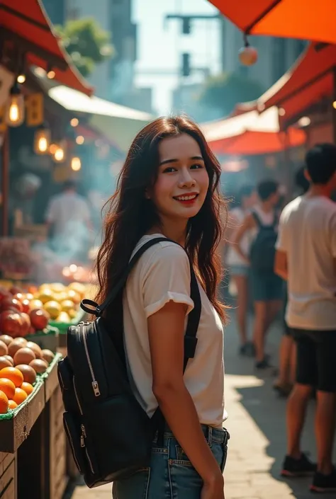  photo of beautiful Asian girl, long hair, carrying a backpack, wearing a T-shirt, smiling brightly, standing in the fresh market, smoke from a rotisserie chicken shop, people walking around, fresh market ,Vivid contrast photo 