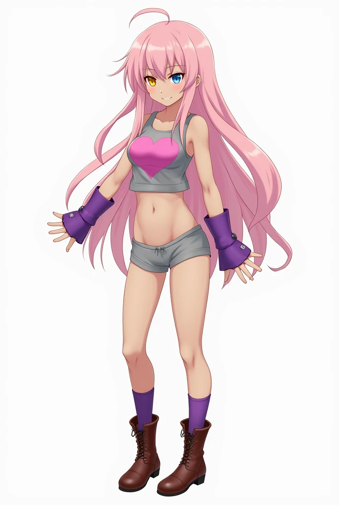 Anime art of a female with tanned skin, fluffy long pink hair, and wearing a grey crop-top with a pink heart on it. She wears skin-tight grey shorts, purple open finger gloves that go to her elbows, knee-high purple stirrup socks, and brown boots. She has ...