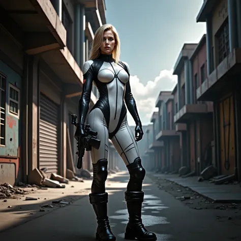  The image shows a woman with a serious expression .,  dressed in a tight tactical catsuit .  The suit adapts to your body ., highlighting its curves .  She wears military-style black boots .
 
 Woman in combat position in a futuristic city with tall shiny...