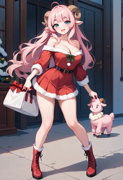 ( super high resolution ,  top quality,   high res icons),  1 girl,   pulling long pink fluffy hair and pulling a sled,  thick eyebrows, smile,   Santas clothes in a mini skirt  ,   holding a white bag  ,  Red boots break sheep , Im pulling a sled