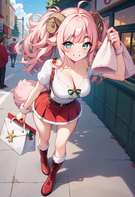 ( super high resolution ,  top quality,   high res icons),  1 girl,   pulling long pink fluffy hair and pulling a sled,  thick eyebrows, smile,   Santas clothes in a mini skirt  ,   holding a white bag  ,  Red boots break sheep , Im pulling a sled