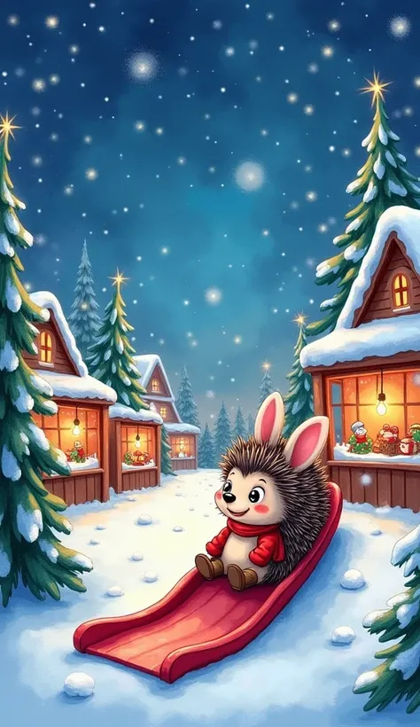 Watercolor oil painting of christmas illustration for  book, cartoon style depiction with macro  objects in deep blue-red-orange-violet-cyan style. Coloring page of A little funny hedgehog and a bunny are sledding down a slide at a Christmas market of a sm...