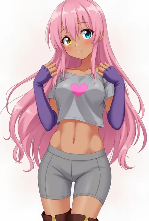 Anime art of a female with tanned mocha color skin, fluffy long pink hair, and wearing a grey crop-top with a pink heart on it. She wears skin-tight grey shorts, purple open finger gloves that go to her elbows, knee-high purple stirrup socks, and brown boo...