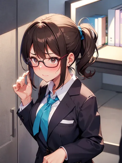 1girl,medium breasts,school uniform,Bend forward and hold your chest,wear glasses
face close-up,raise your hand,I can see the side,
eliminate shadows
brown hair,long hair,tie hair,tie hair back,
brown eyes,blush, nose blush, embarrassed,very embarrassed,fa...