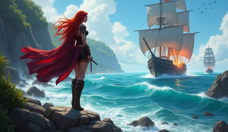 wallpaper full xd 16k , beautiful (((miss fortune, de lol,  League of Legends ))) on a coast,  watching two pirate ships at war