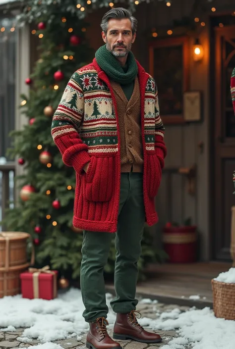 Christmas outfit in red and green colors for men with a knitted garment