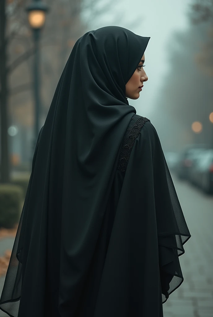 Create a beautiful hijab women without face. Just from back
