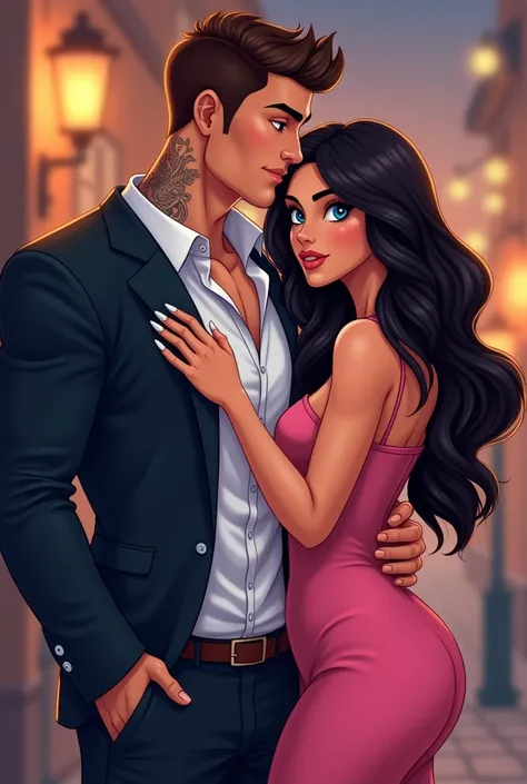  High quality book cover , cartoon romance book .  Beautiful sensual and passionate couple , lovers. Hes a beautiful man,  with muscles and tattoos on her neck , Coloridas, short brown hair,  Blue Eyes. Do you wear a dark suit.  She is a beautiful woman wi...