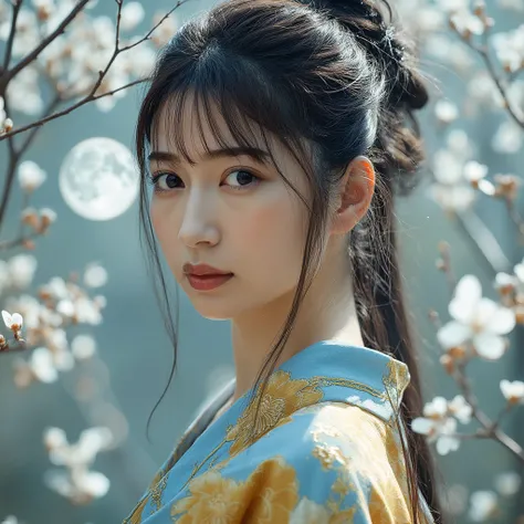 The stunning beautiful realistic photo is a digital portrait of a young asian woman with long dark hair, wearing a traditional Japanese kimono. The woman is standing in front of a background of white flowers and branches, with three moon phases visible in ...