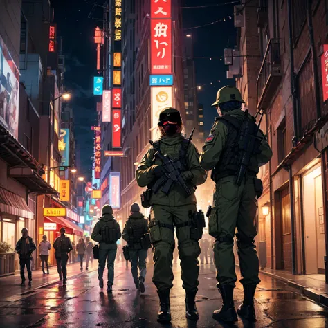 An animated scene is being held by several special forces members　bustling street　night