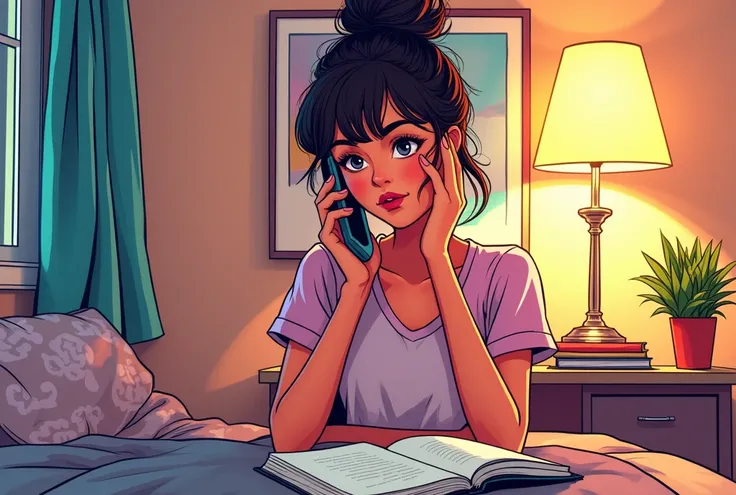 "A vibrant comic-style illustration featuring a teenage girl with a messy bun sitting on a chair in her clean and minimalistic bedroom. The girl is holding a phone close to her ear, deeply engaged in conversation. Her bedroom is modern, with bold outlines ...