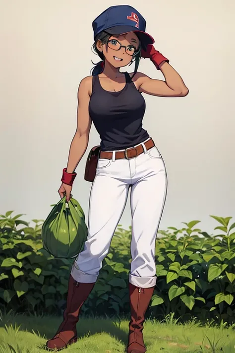 
 anime picture 、 full body portrait 、Sunburned farmer harvesting vegetables、A 32-year-old dark-skinned woman standing upright and wearing a light blue tank top and long white pants about 175 cm tall、Farmer with freckles on his cheeks 、 smile with open mou...