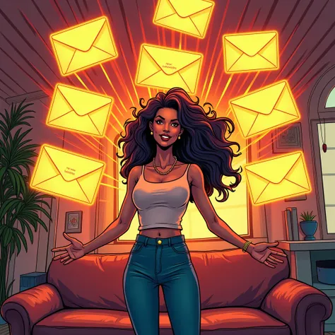 comic book art womanly home surrounded by glowing envelopes labeled "New Subscribers Today"