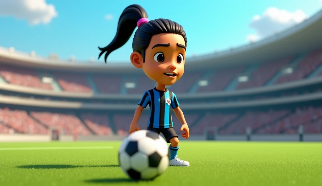 A picture of Ronadinho in his 20s with his hair in a ponytail standing behind the ball taking a free kick.
 With the blue and black Gremio club

3D cartoon, 3D animation.