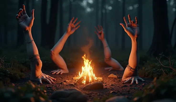 Create creature headless hand and leg separate  rounding  dancing around campfire at night