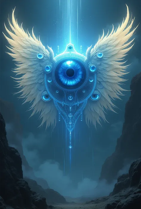  Big blue eye . It has eight angel wings.  Around it has more eyes . 