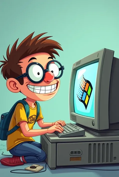  A computer with Windows 98 on the screen and a cartoonish person with a wide smile sitting in front of the computer, Its a
Nerd 