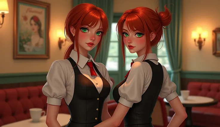 Additionally a beautiful redhead woman with emerald green eyes and a tight hourglass body is nearby ready to take your order they both wear the same uniform.