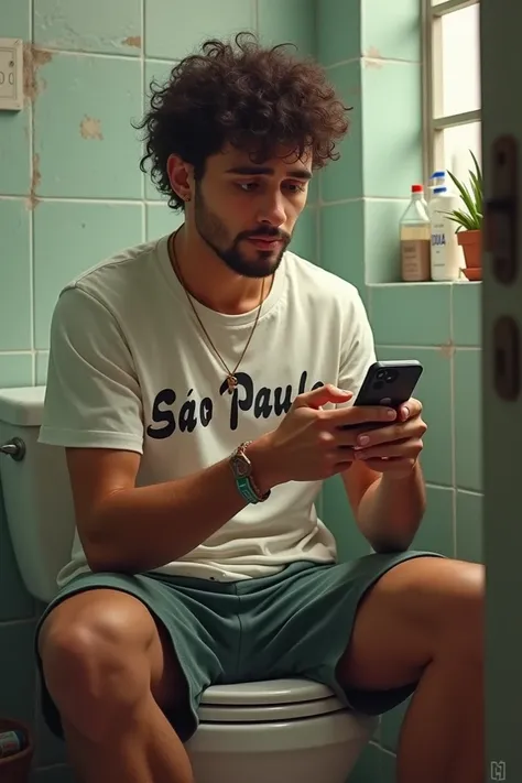 My boyfriend,  his description is a thin , São Paulo t-shirt , Bermuda by the way,  he is very sweet brown ,  curly hair,  a little goatee and a bit of mustache ,  device on the top of the tooth ,  dark brown hair and eyes honey and black hazel on his foot...