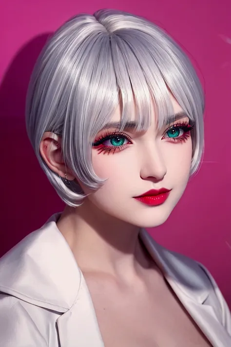 chico delicado,  short white hair, orejas de lobo, pink lips,suit dress, background of a city, green eyes, accumulated eyelashes ,