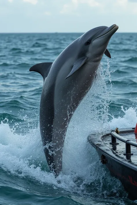 a photo of a dolphin on top of a sea beater,jump jump , with his colony  ,cinematic